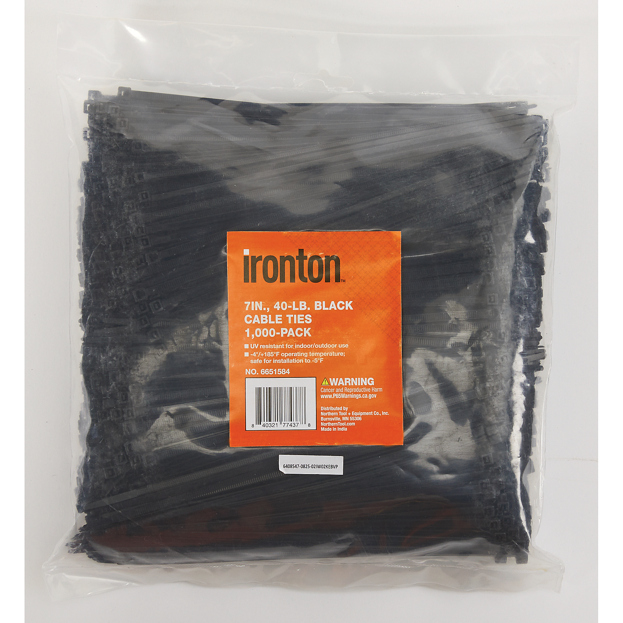 Ironton Cable Ties, 7in., 40-Lb. Tensile Strength, Black, 1000-Pk.